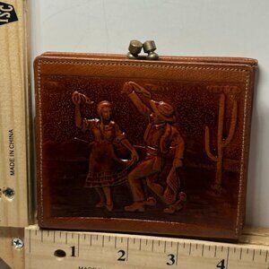 Vintage Tooled Leather Kiss Lock Brown Wallet Western Folk Art Classic Floral